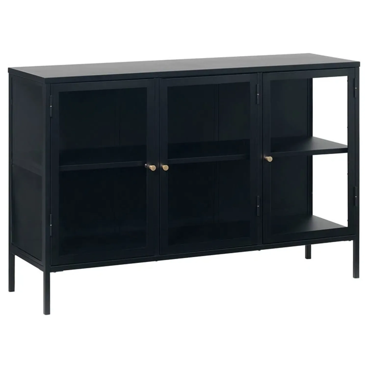 LykkeHome Dressoirs|Industriele Kasten|Kaya 3 deurs vitrinekast zwart metaal 132cm
