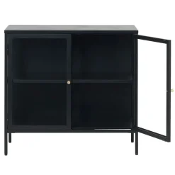 LykkeHome Dressoirs|Industriele Kasten|Kaya 2 deurs vitrinekast zwart metaal 90cm