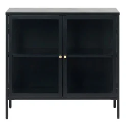 LykkeHome Dressoirs|Industriele Kasten|Kaya 2 deurs vitrinekast zwart metaal 90cm