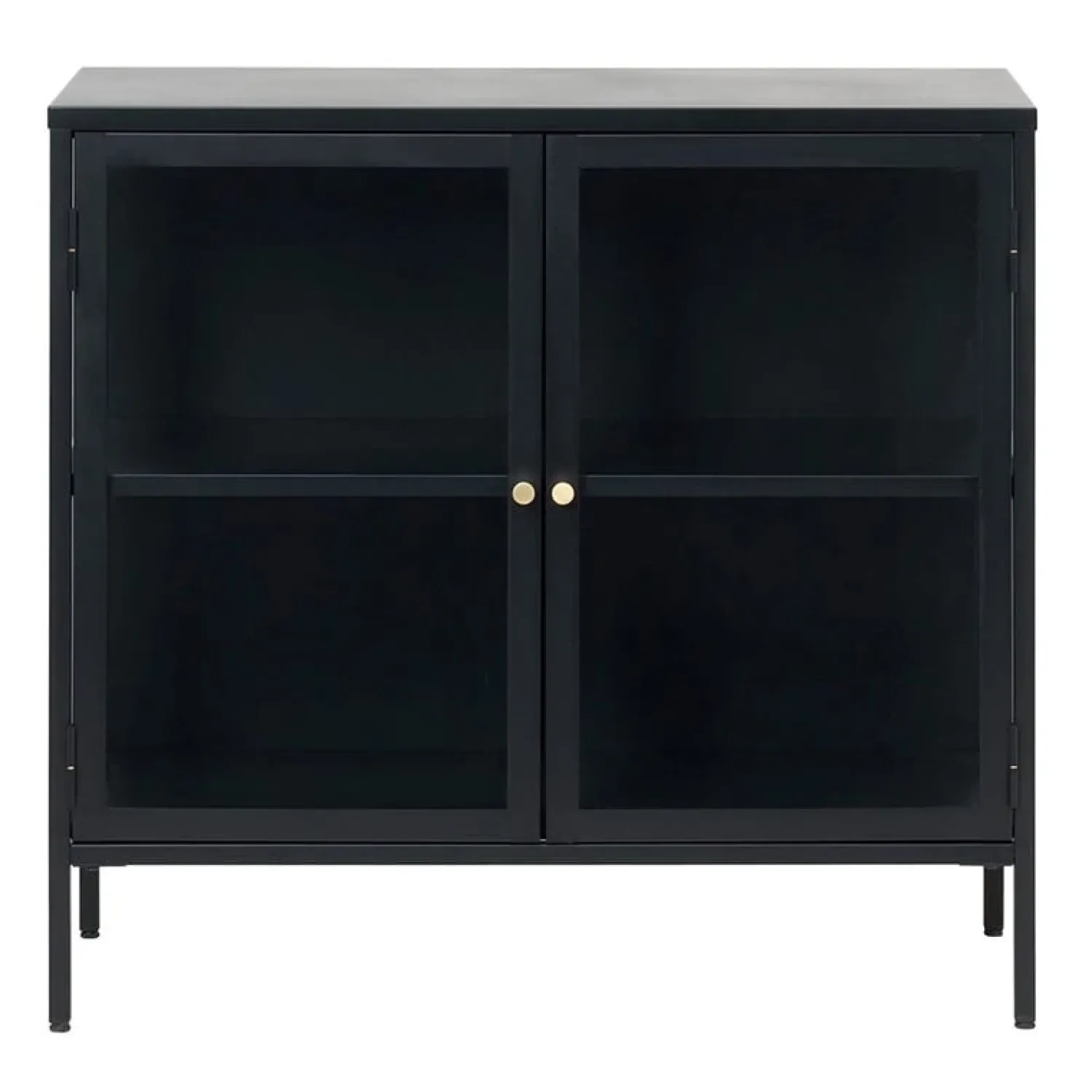 LykkeHome Dressoirs|Industriele Kasten|Kaya 2 deurs vitrinekast zwart metaal 90cm