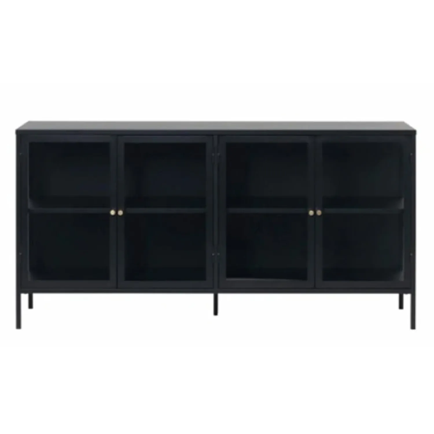 LykkeHome Dressoirs|Industriele Kasten|Kaya 4 deurs vitrinekast zwart metaal 170cm
