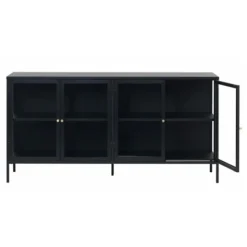 LykkeHome Dressoirs|Industriele Kasten|Kaya 4 deurs vitrinekast zwart metaal 170cm