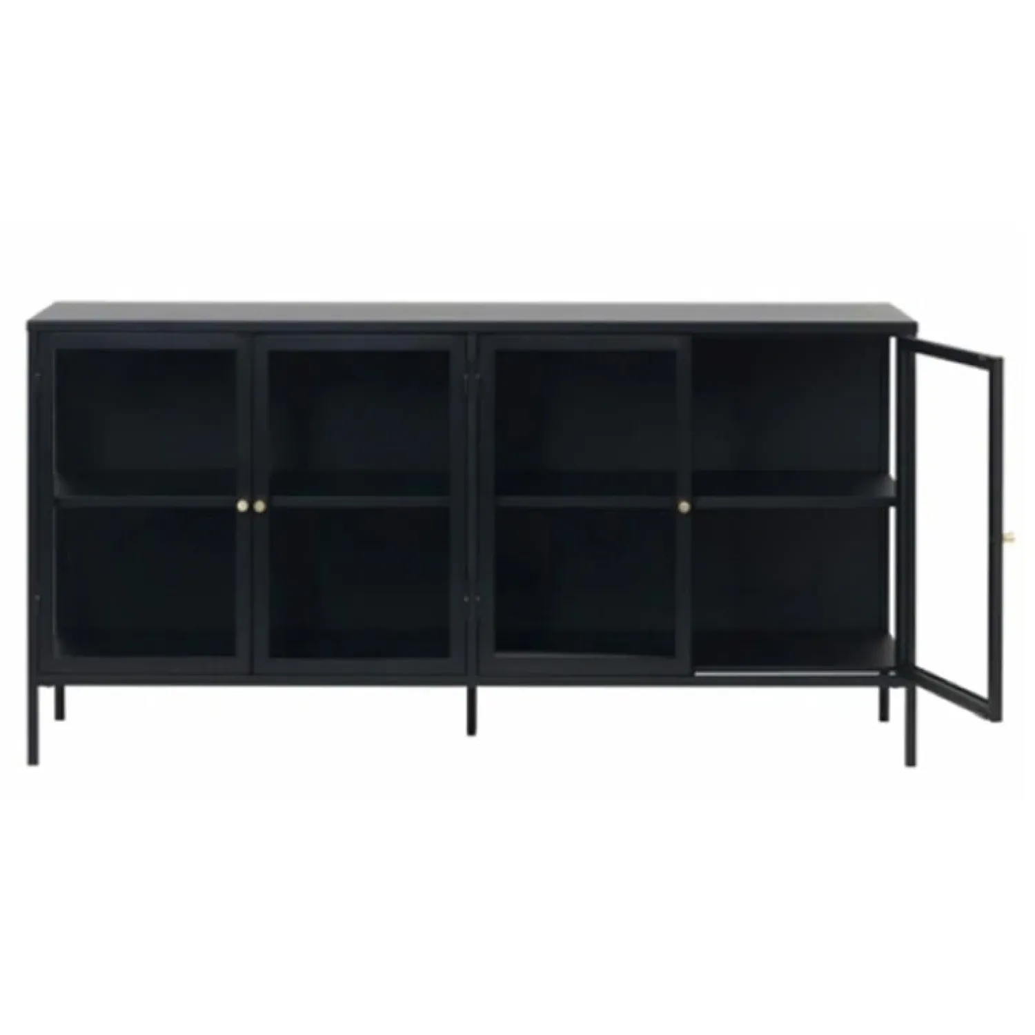 LykkeHome Dressoirs|Industriele Kasten|Kaya 4 deurs vitrinekast zwart metaal 170cm