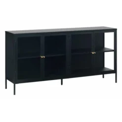 LykkeHome Dressoirs|Industriele Kasten|Kaya 4 deurs vitrinekast zwart metaal 170cm