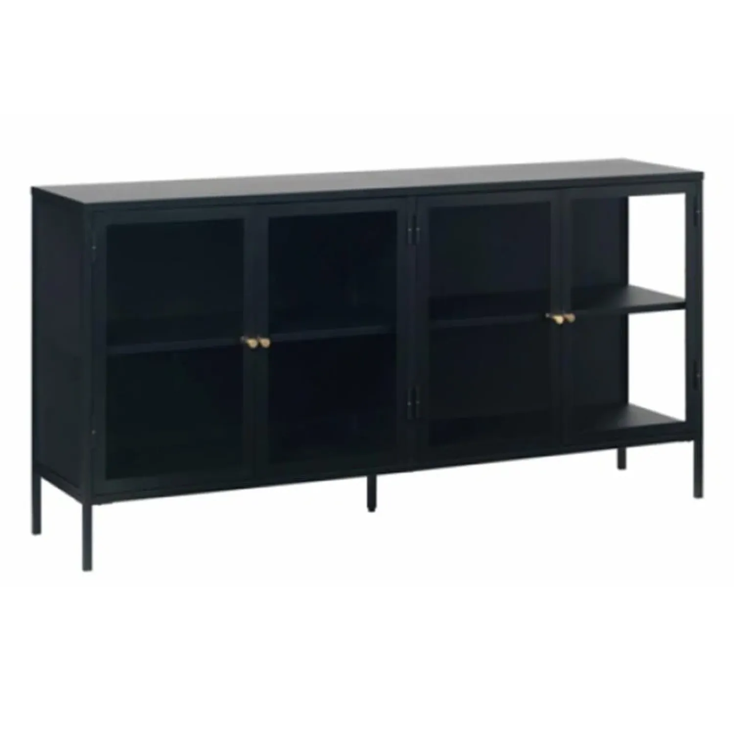 LykkeHome Dressoirs|Industriele Kasten|Kaya 4 deurs vitrinekast zwart metaal 170cm