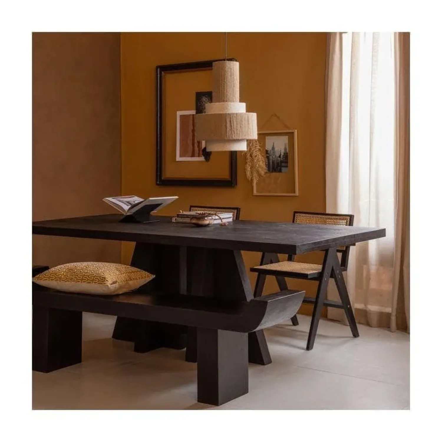 WOOOD Eettafels|Kean Eettafel met middenpoot mango zwart 220cm