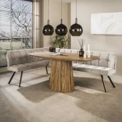 Kalfort Eetkamerbanken|Eetkamerbanken|Kelly Hoekbank Links Hoven Zand met bruin bronzen poot 230cm