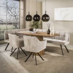 Kalfort Eetkamerbanken|Eetkamerbanken|Kelly Hoekbank Links Hoven Zand met bruin bronzen poot 230cm