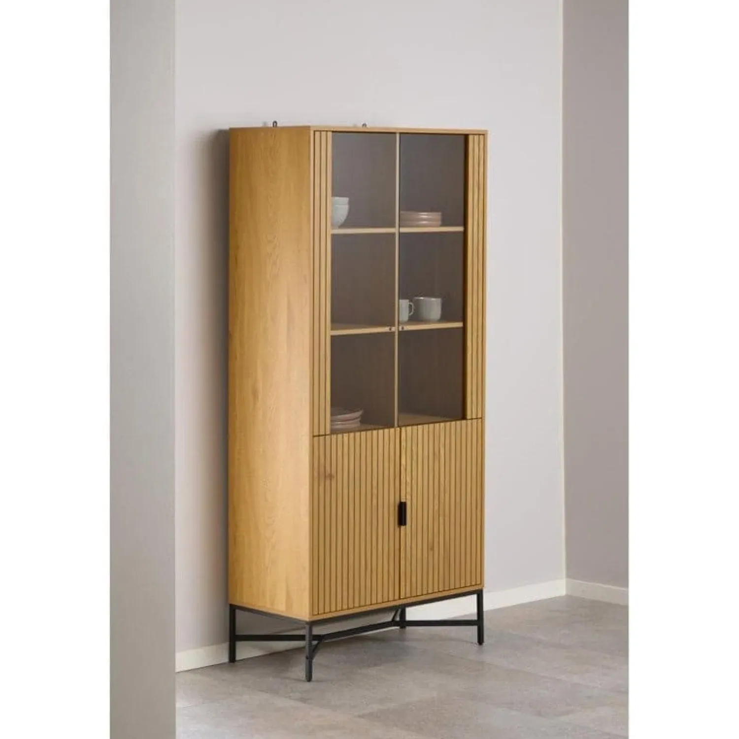 Nordhavn Vitrinekasten|Industriele Kasten|Lexora Vitrinekast Eiken lichtbruin 80cm