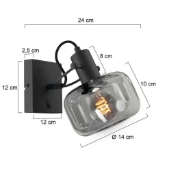 Steinmex Wandlampen|Lior 1-lichts Wandlamp Zwart Smoke Glas