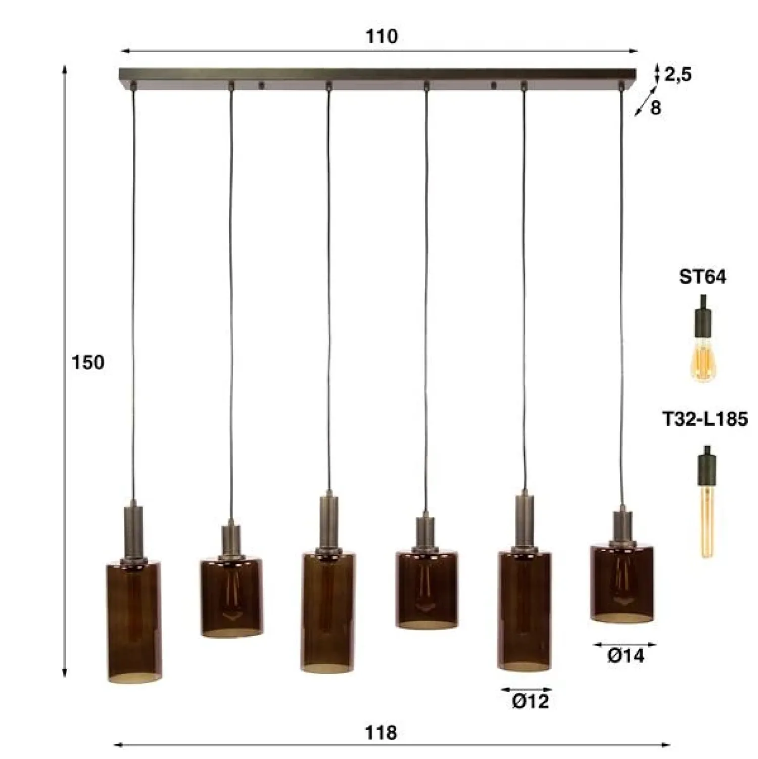 Kalfort Hanglampen|Glazen Hanglamp|Luca 6-lichts Hanglamp Bruin