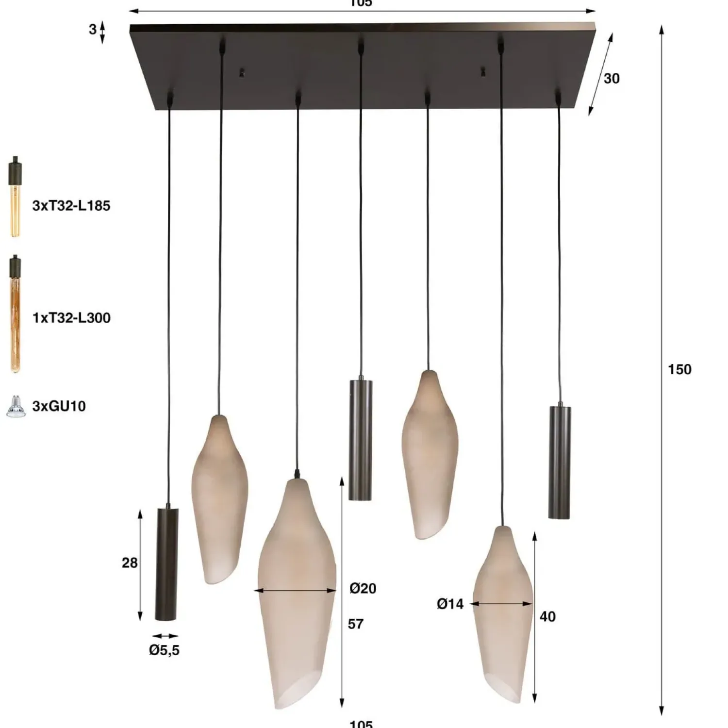 Kalfort Hanglampen|Lucario 7-lichts Hanglamp bruin-frosted