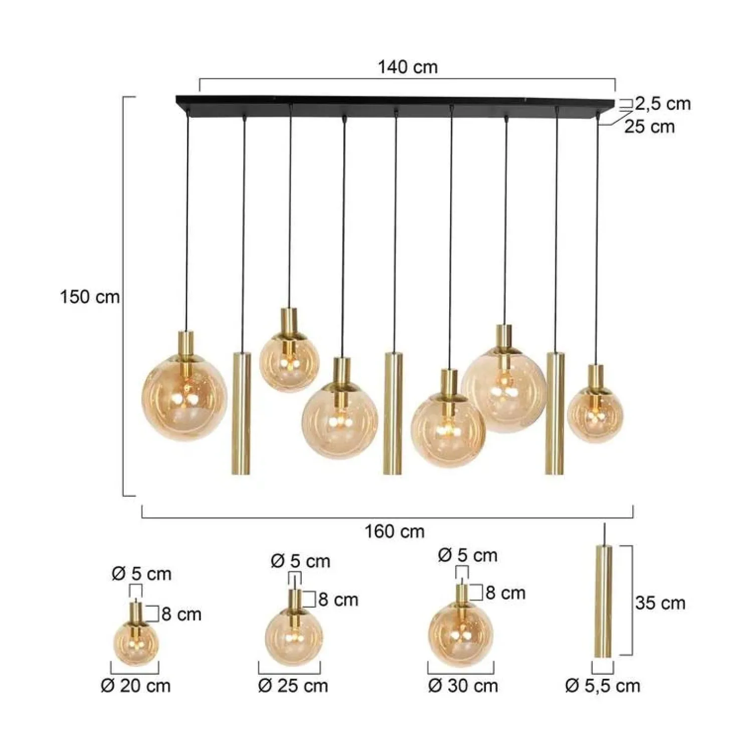 Steinmex Hanglampen|Glazen Hanglamp|Maya 6+3 lichts Hanglamp Amber