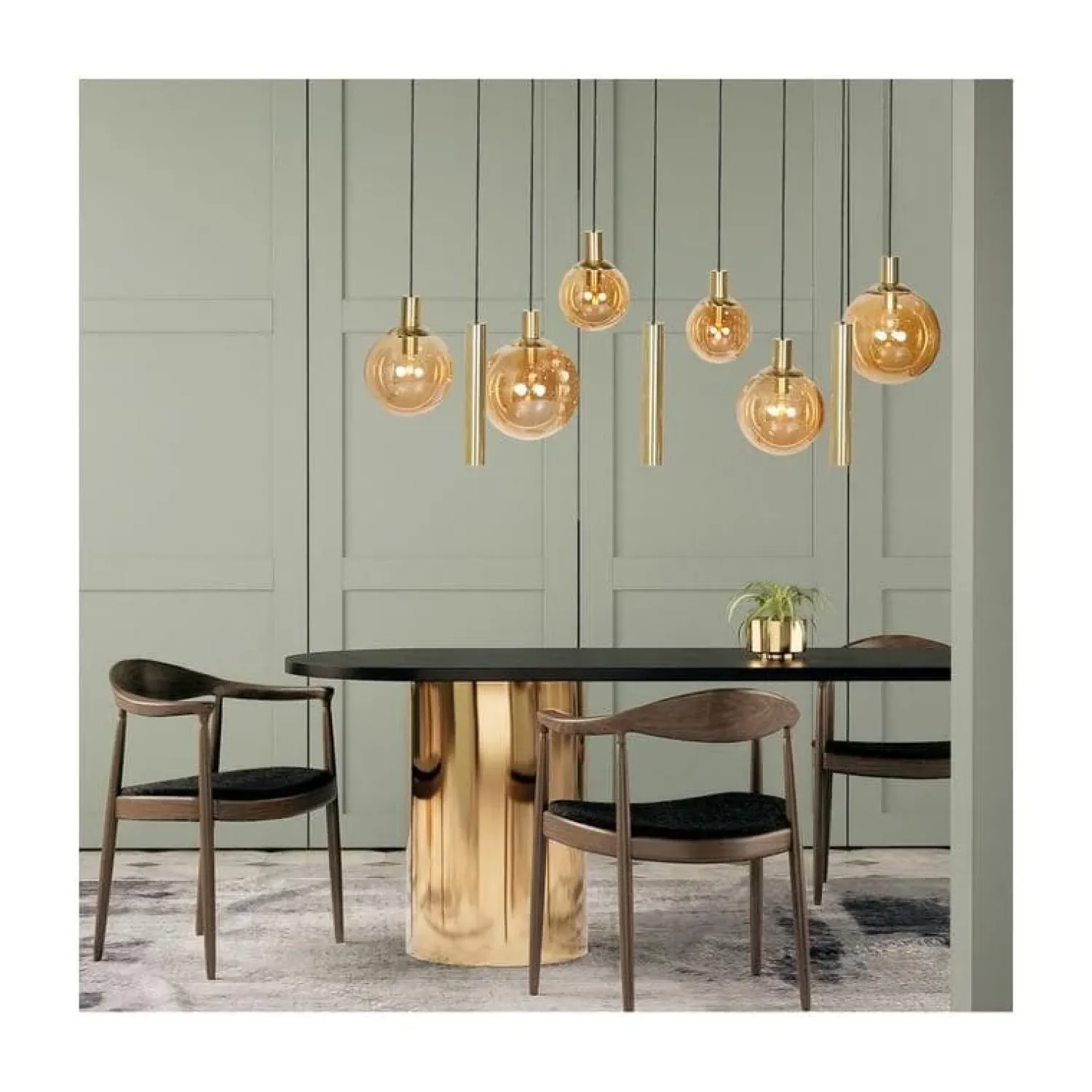 Steinmex Hanglampen|Glazen Hanglamp|Maya 6+3 lichts Hanglamp Amber