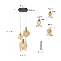 Steinmex Hanglampen|Glazen Hanglamp|Maya 3+2 lichts Hanglamp Getrapt Amber