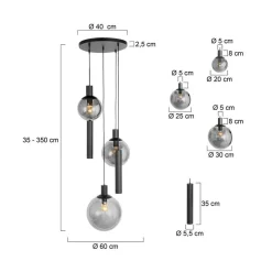 Steinmex Hanglampen|Glazen Hanglamp|Maya 3+2 lichts Hanglamp Getrapt Smoke