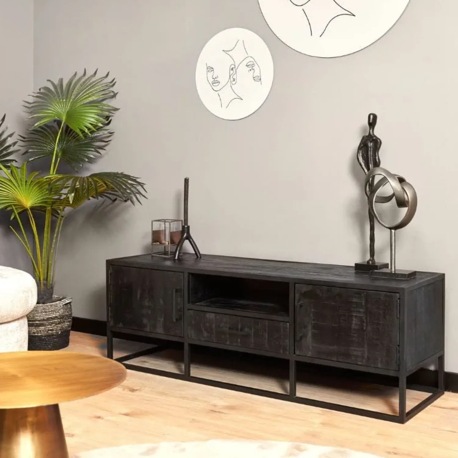 Furndea Industriele Kasten|Tv Meubels|Morada tv meubel industrieel mangohout zwart 145cm
