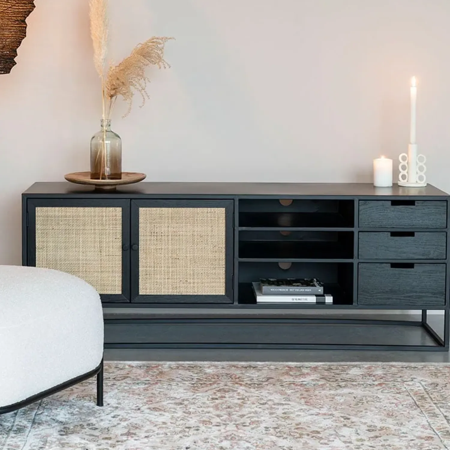 NORI Living Industriele Kasten|Tv Meubels|Muji tv meubel met 3 lades rotan 150cm