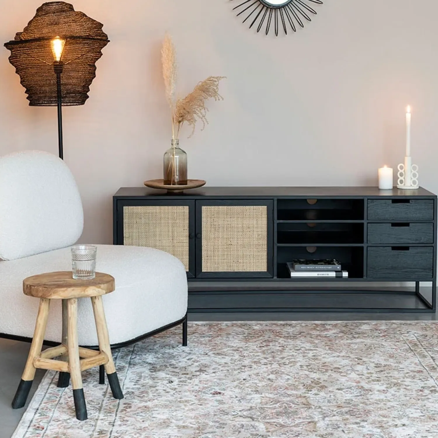 NORI Living Industriele Kasten|Tv Meubels|Muji tv meubel met 3 lades rotan 150cm
