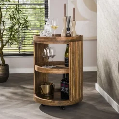 Kalfort Wijnkasten|Industriele Kasten|Namra Wijntrolley Mangohout Ø55cm