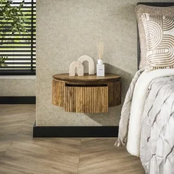 Kalfort Nachtkastjes|Industriele Kasten|Namra Zwevend Nachtkastje Rond Mangohout 50cm