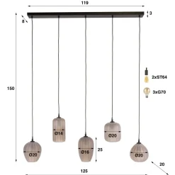 Kalfort Hanglampen|Glazen Hanglamp|Nevada 5-lichts Hanglamp bruin-frosted glas