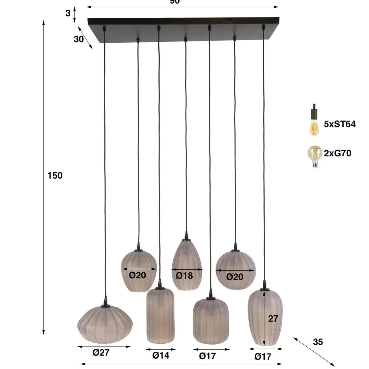 Kalfort Hanglampen|Glazen Hanglamp|Nevada 7-lichts Hanglamp bruin-frosted glas