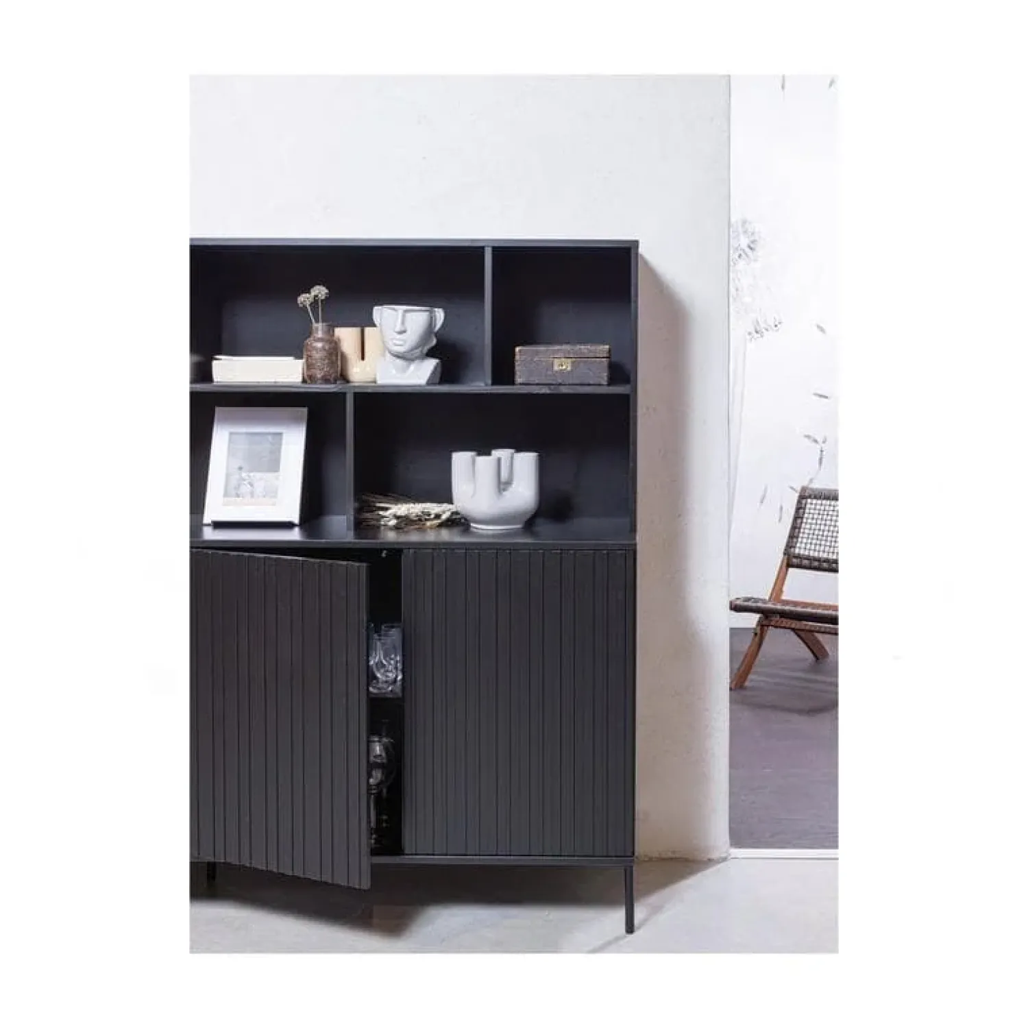 WOOOD Wandkasten|Industriele Kasten|New Gravure Wandkast grenen zwart 200 cm