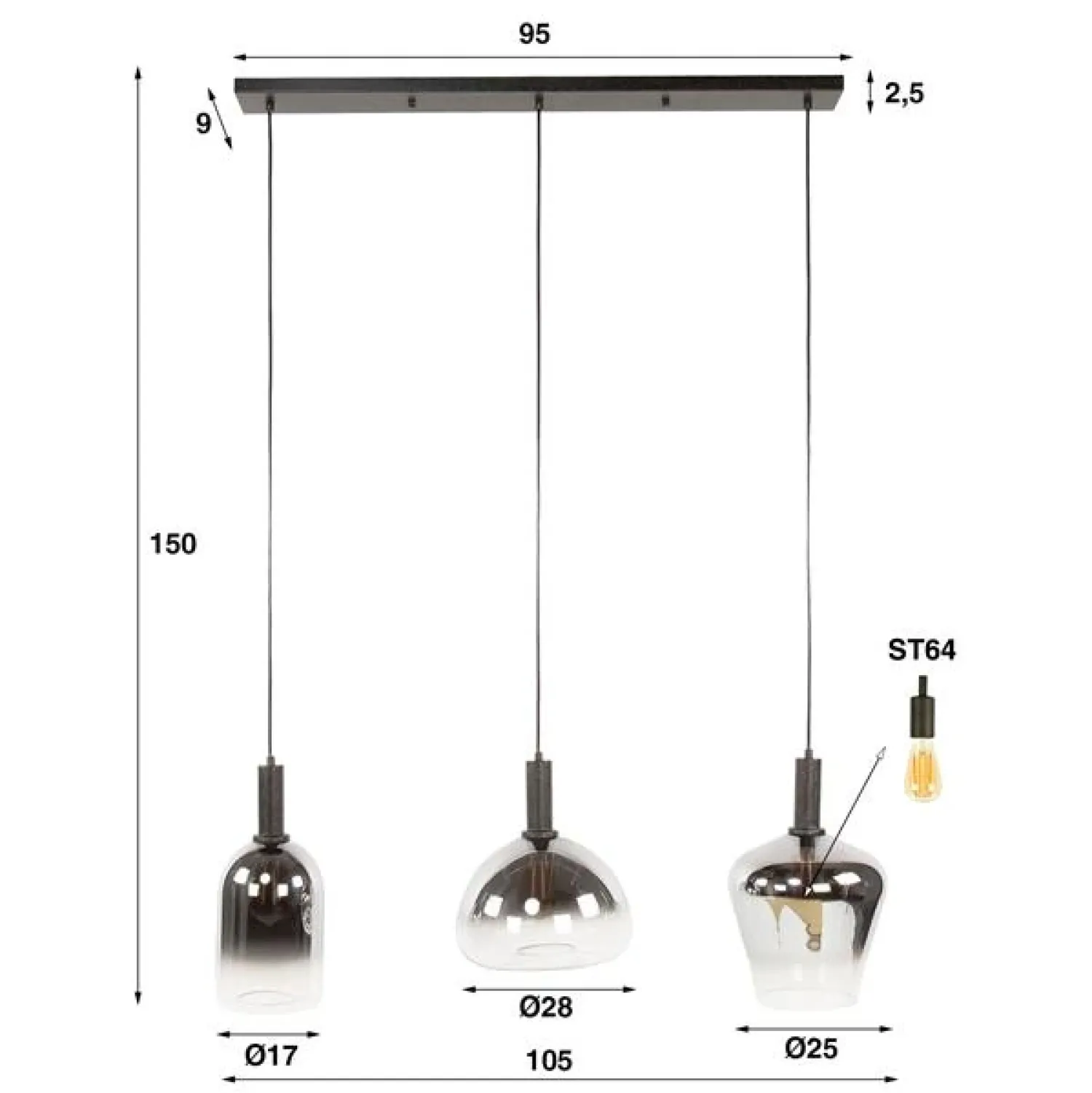 Kalfort Hanglampen|Glazen Hanglamp|Noah 3-lichts Hanglamp Smoke