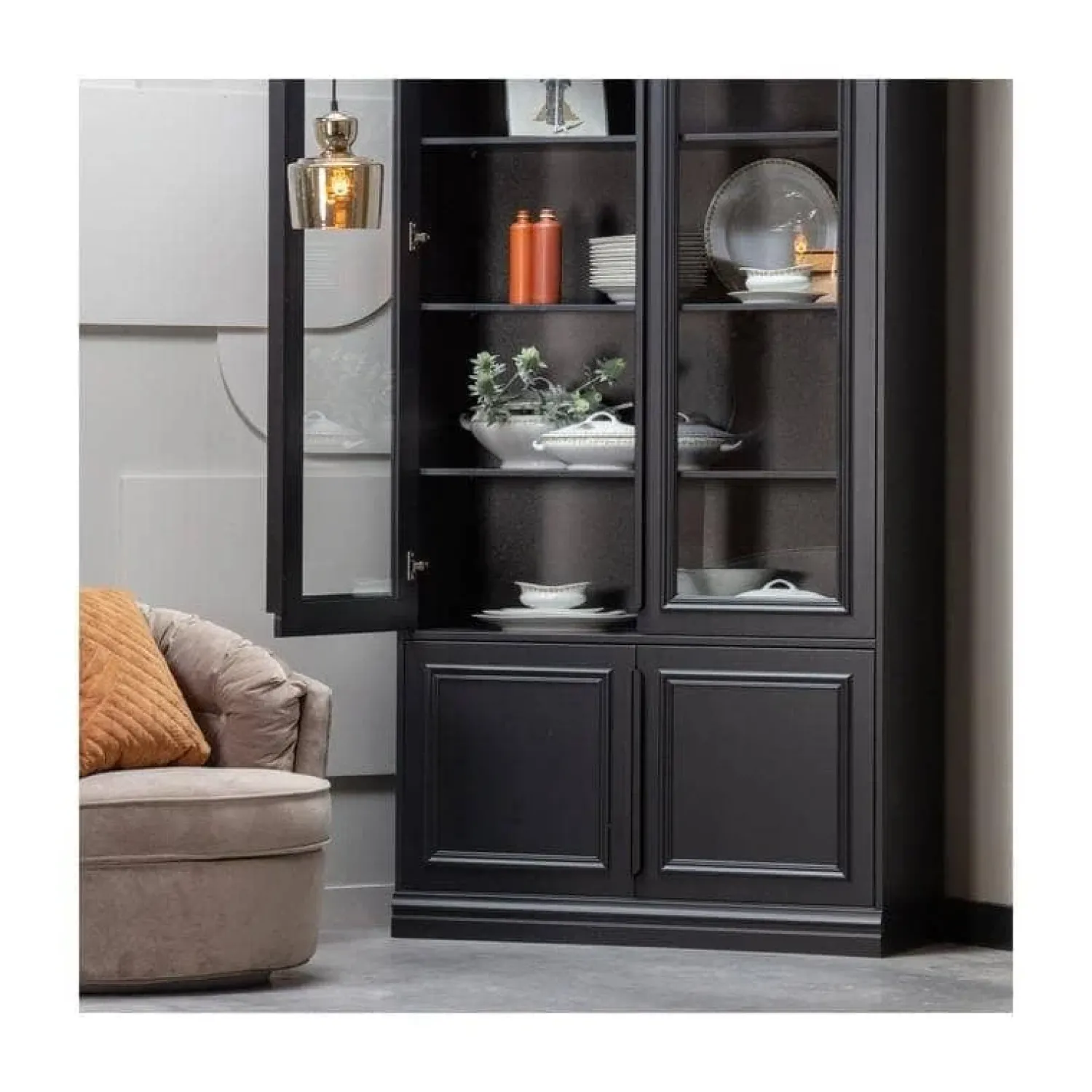 WOOOD Vitrinekasten|Industriele Kasten|Organize Vitrinekast Dennenhout Matzwart 44cm
