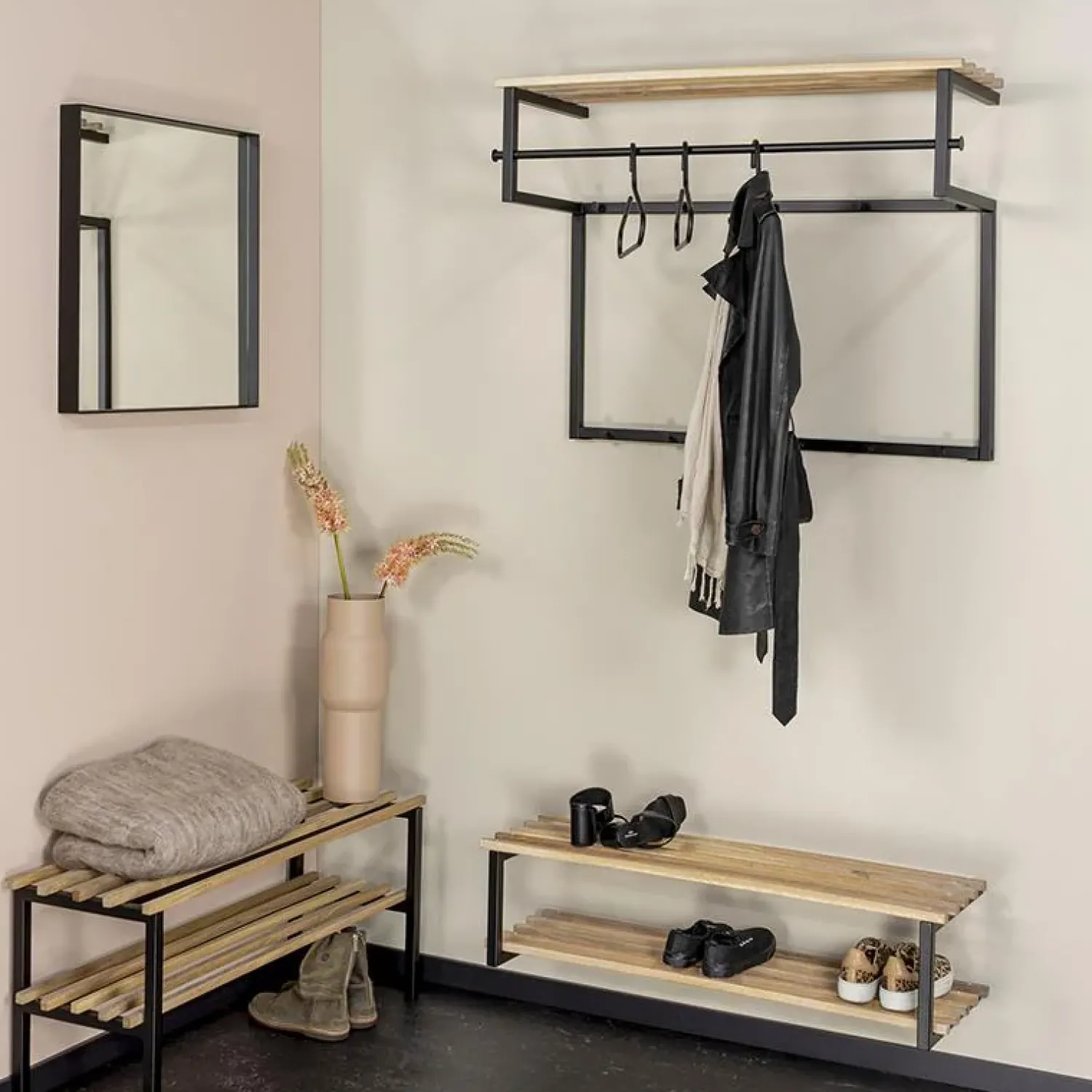 Redin Design Kapstokken|Parker industrieel schoenenrek XL zwart / hout