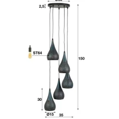 Kalfort Hanglampen|Pinch Hanglamp 5-lichts getrapt Zwart bruin