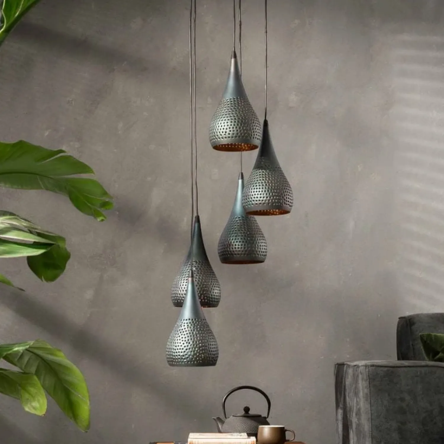 Kalfort Hanglampen|Pinch Hanglamp 5-lichts getrapt Zwart bruin