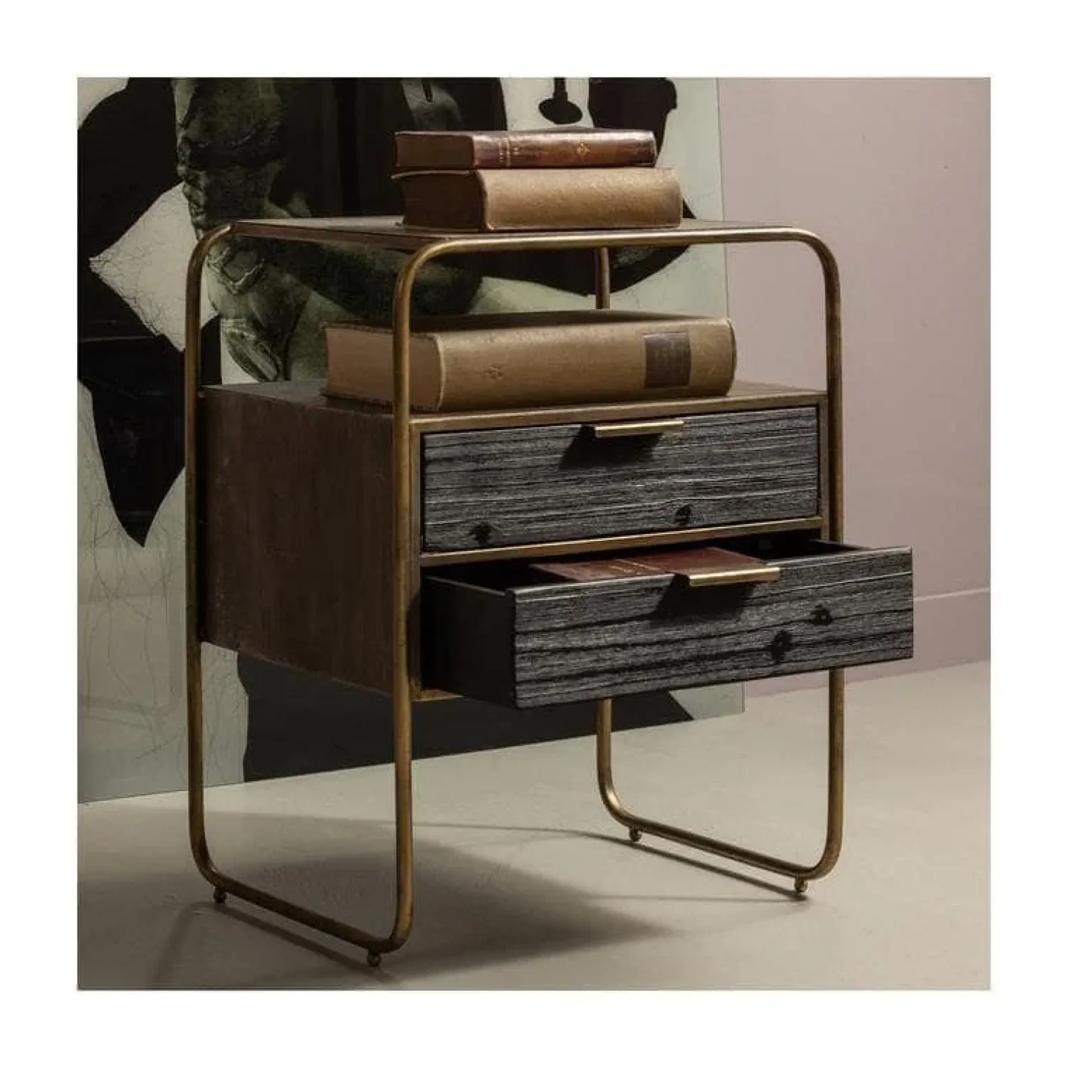 WOOOD Nachtkastjes|Industriele Kasten|Polite Nachtkastje Metaal/Hout Antique Brass 45cm
