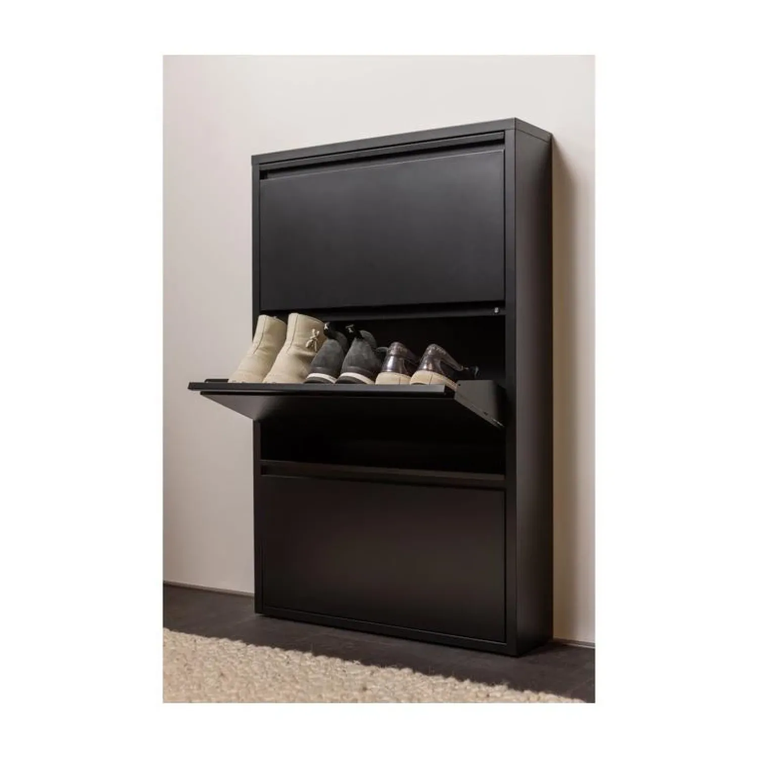 WOOOD Schoenenkasten|Schoenenkasten|Sabine 3-Vaks Schoenenkast Metaal Zwart 66cm
