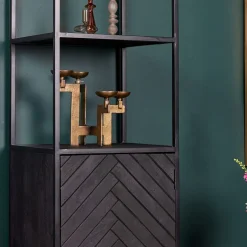 Furndea Wandkasten|Vakkenkasten|Scandi boekenkast industrieel mangohout visgraat zwart 1- deur 55cm
