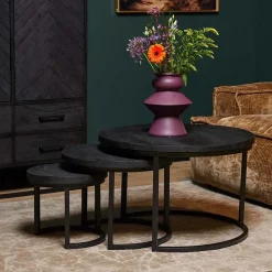 Furndea Salontafels|Scandi salontafel mangohout rond zwart set van 3