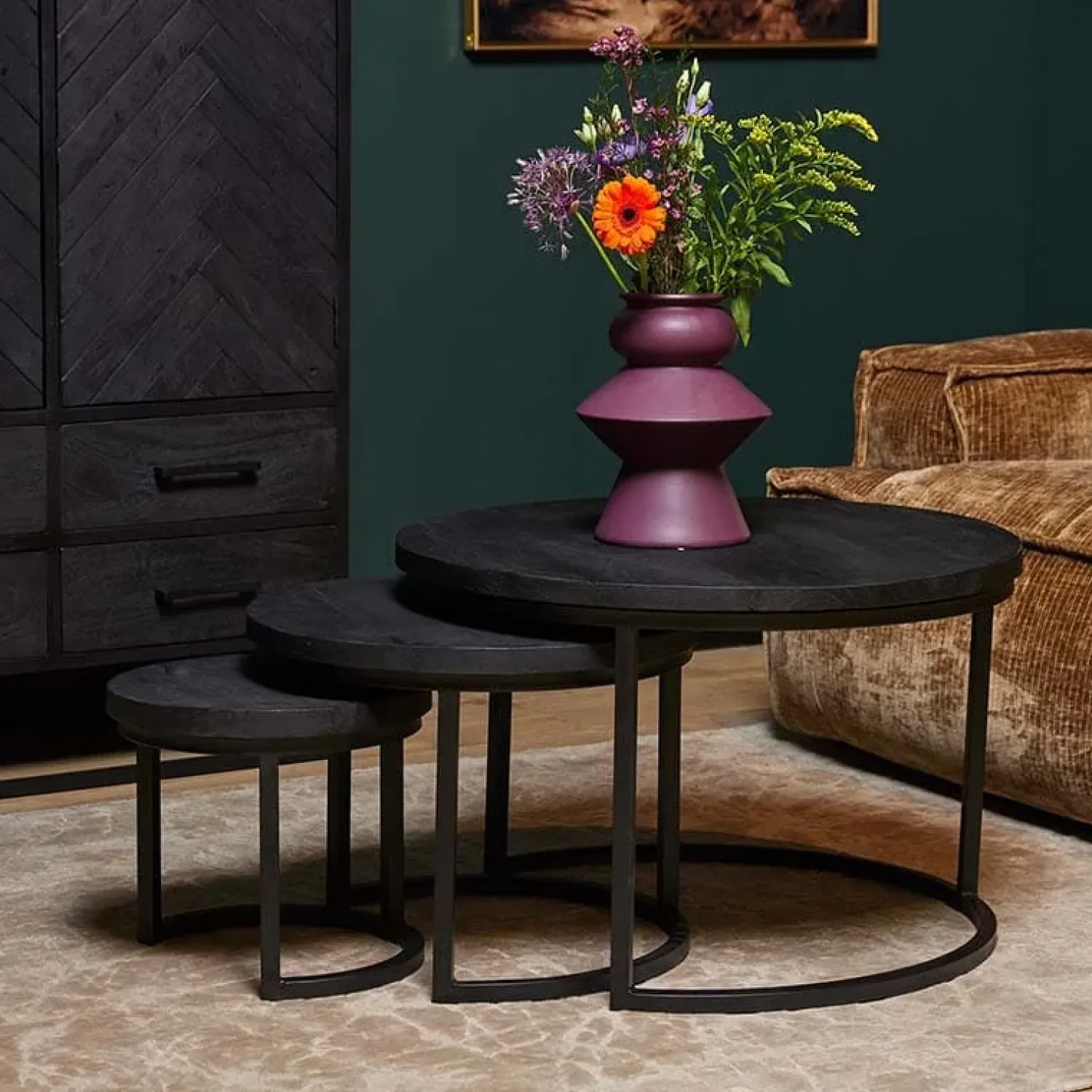 Furndea Salontafels|Scandi salontafel mangohout rond zwart set van 3