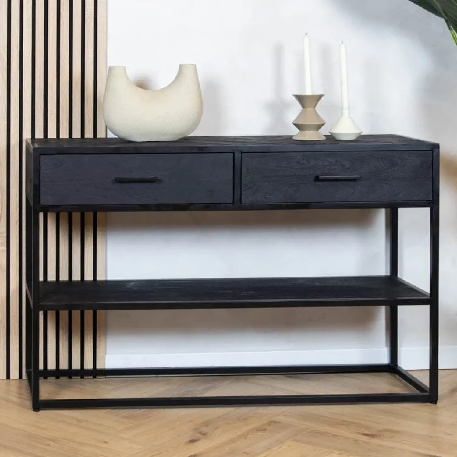 Furndea Sidetables|Scandi sidetable mangohout 2-lades 120cm zwart visgraat