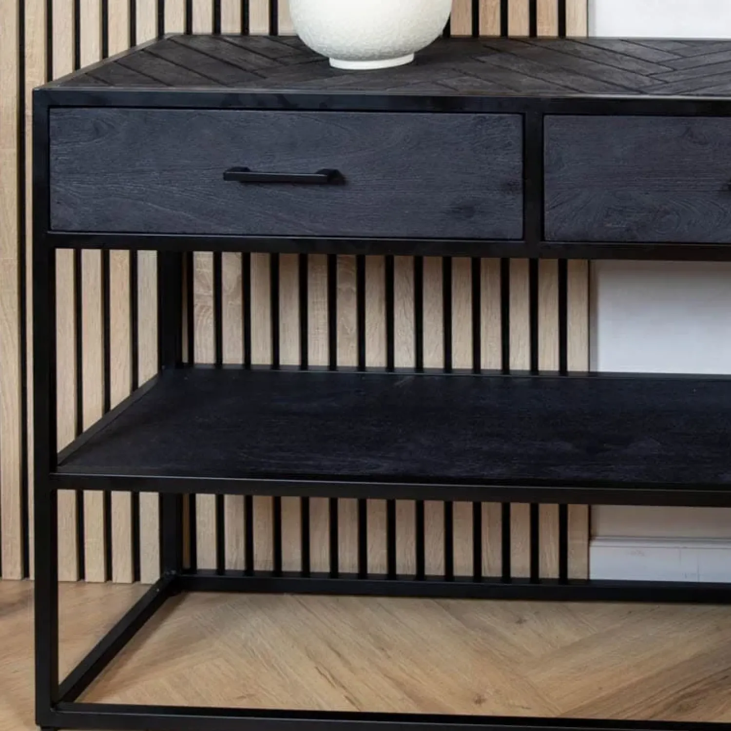Furndea Sidetables|Scandi sidetable mangohout 2-lades 120cm zwart visgraat