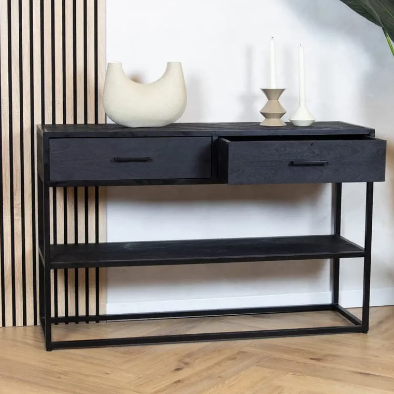 Furndea Sidetables|Scandi sidetable mangohout 2-lades 120cm zwart visgraat