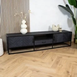 Furndea Industriele Kasten|Tv Meubels|Scandi tv meubel industrieel mangohout visgraat zwart 180cm
