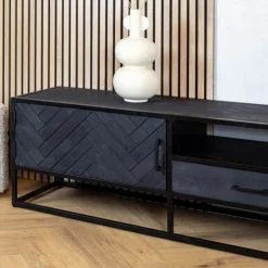 Furndea Industriele Kasten|Tv Meubels|Scandi tv meubel industrieel mangohout visgraat zwart 210cm