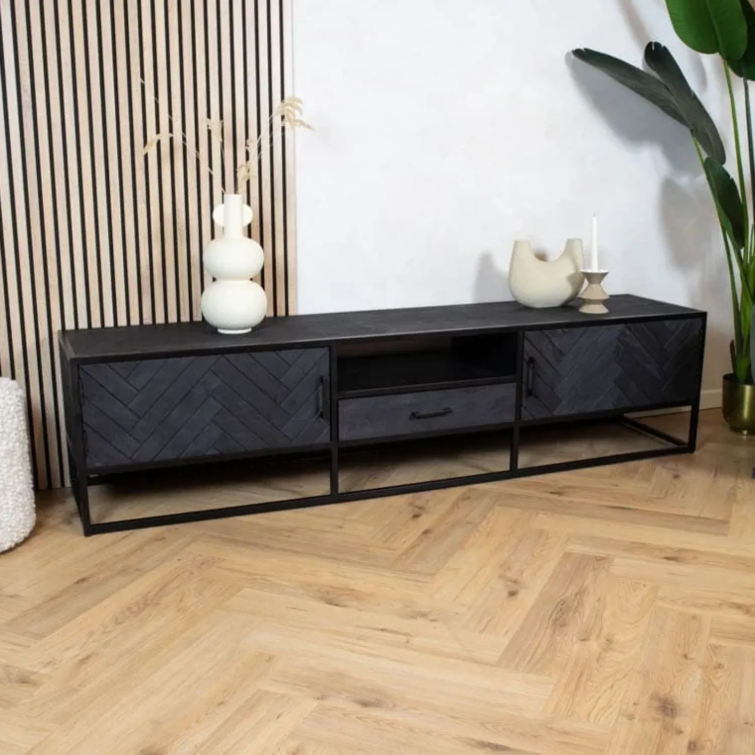 Furndea Industriele Kasten|Tv Meubels|Scandi tv meubel industrieel mangohout visgraat zwart 165cm