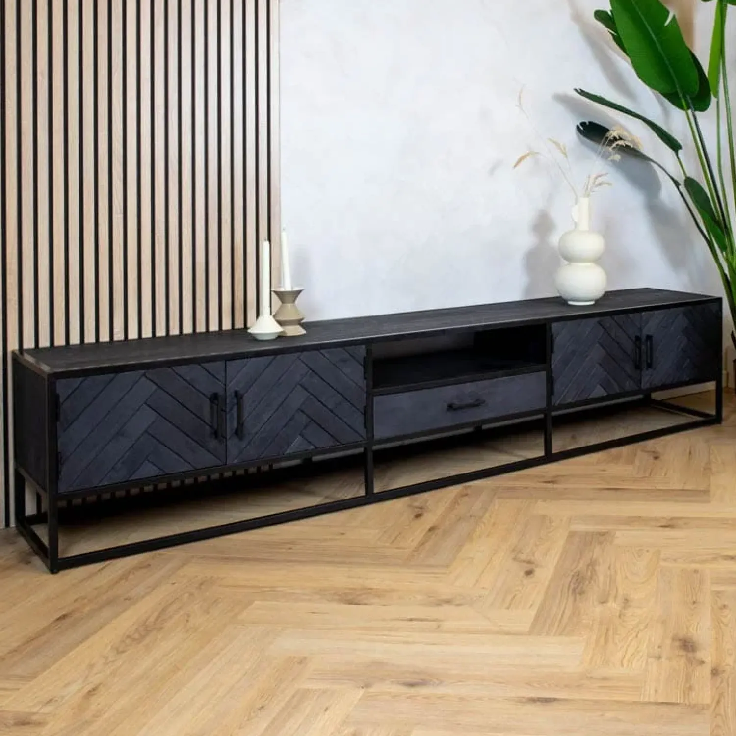 Furndea Industriele Kasten|Tv Meubels|Scandi tv meubel industrieel mangohout visgraat zwart 165cm