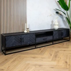 Furndea Industriele Kasten|Tv Meubels|Scandi tv meubel industrieel mangohout visgraat zwart 240cm