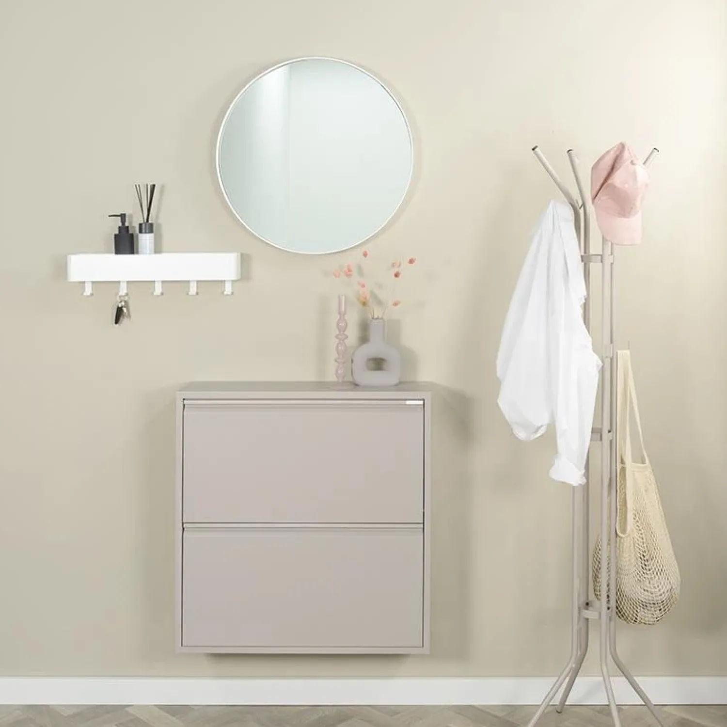 Redin Design Schoenenkasten|Schoenenkasten|Schoenenkast industrieel Pippen (2 lades) – Taupe metaal