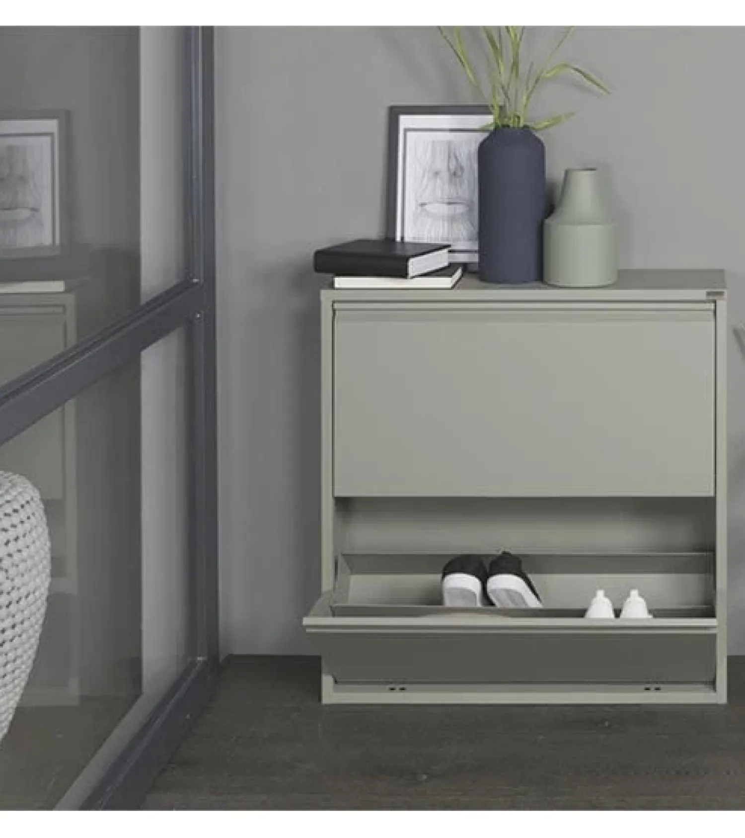 Redin Design Schoenenkasten|Schoenenkasten|Schoenenkast industrieel Pippen (2 lades) – Groen metaal