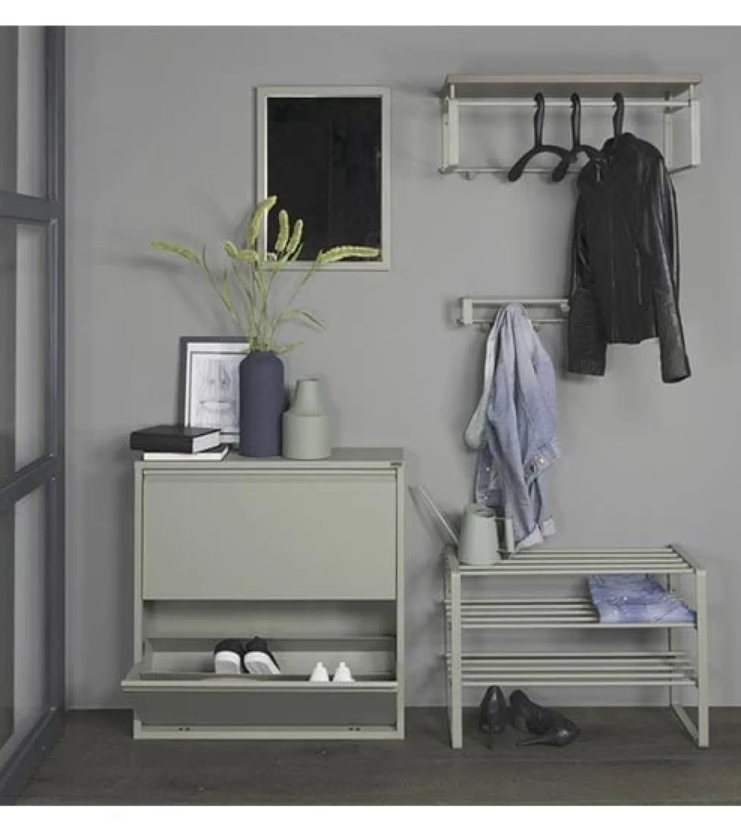 Redin Design Schoenenkasten|Schoenenkasten|Schoenenkast industrieel Pippen (2 lades) – Groen metaal