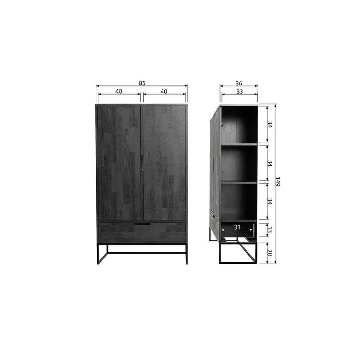 WOOOD Wandkasten|Industriele Kasten|Silas Wandkast 2-Deurs Essen Blacknight 85cm
